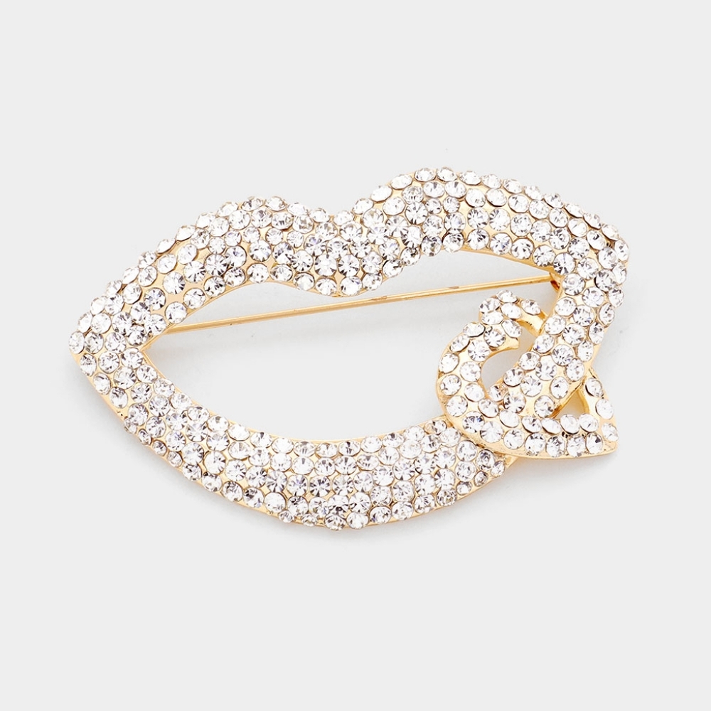 Gold Clear Rhinestone Crystal Heart Lip Brooch Pin Cute Statement Accessory